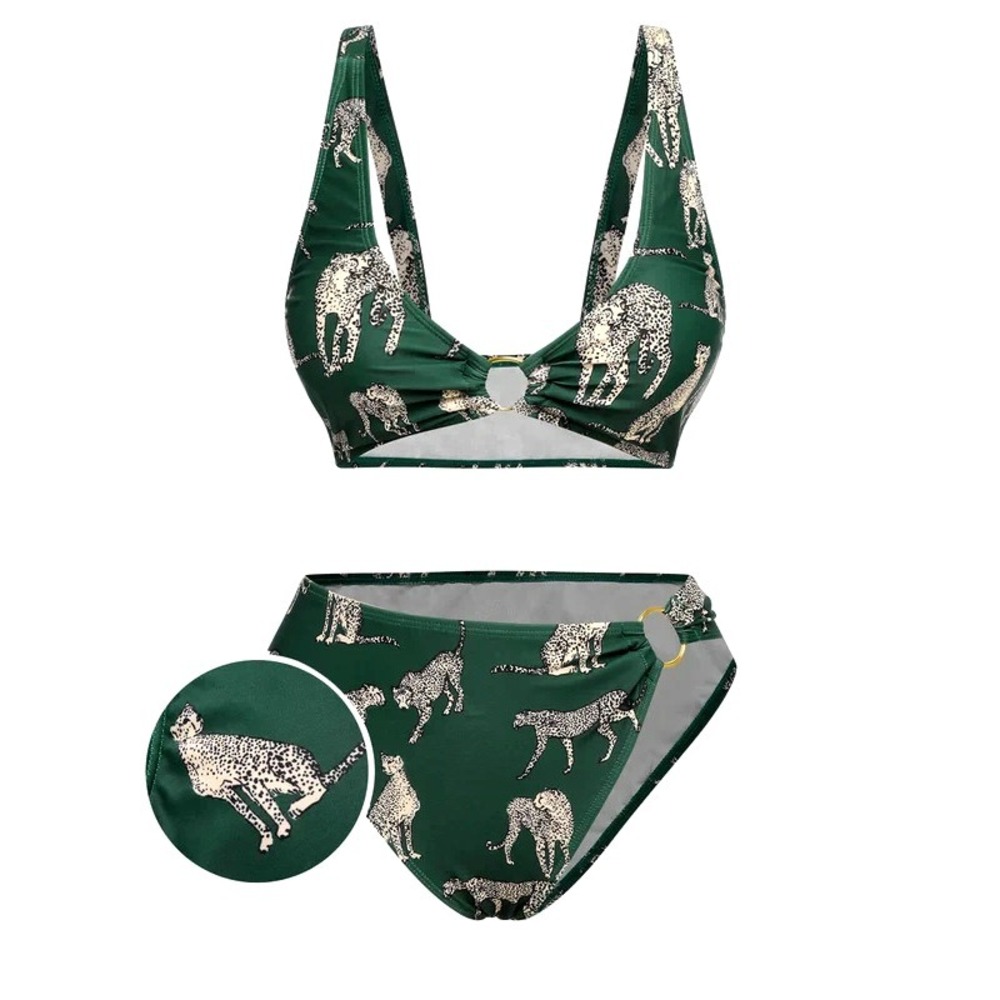 Retro Stage NWT Bikini Swimsuit XL Deep Green Leopard Black Gold Ring 40's Look